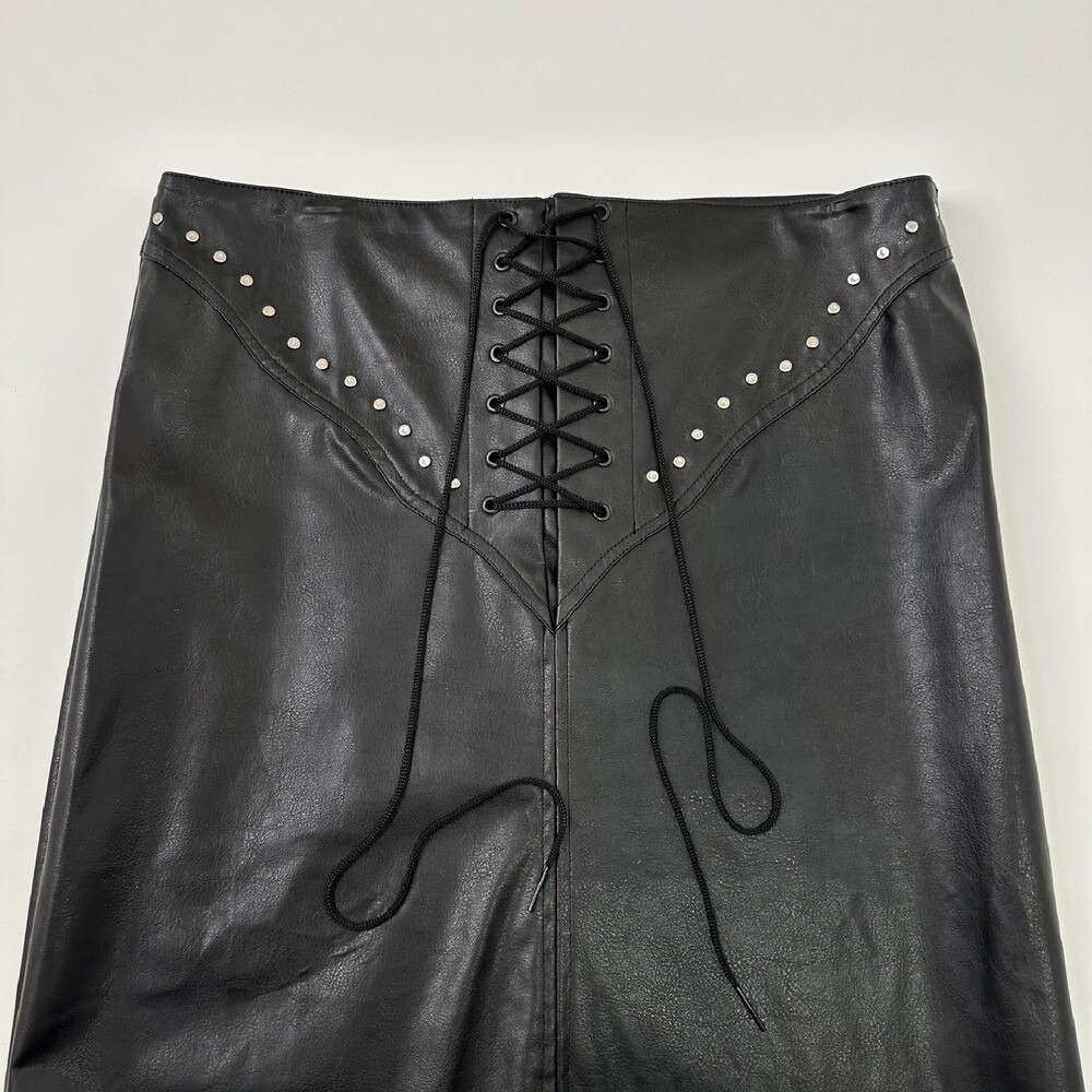 Street Magic Faux Leather Skirt Studded Lace Up Black Midi Womens Size 30 / 9